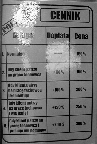 cennik w jednym z warsztat�w samochodowych