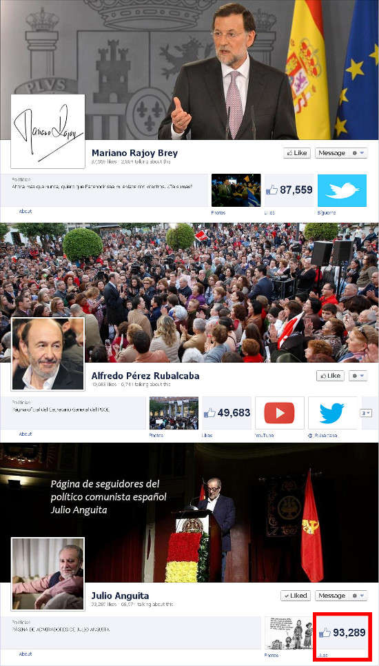 P�ginas de Facebook de Rajoy, Rubalcaba y Anguita